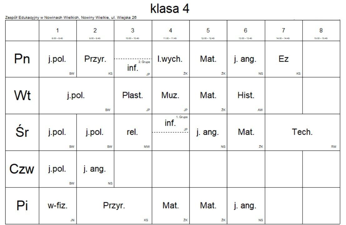 Plan lekcji: Klasa 4