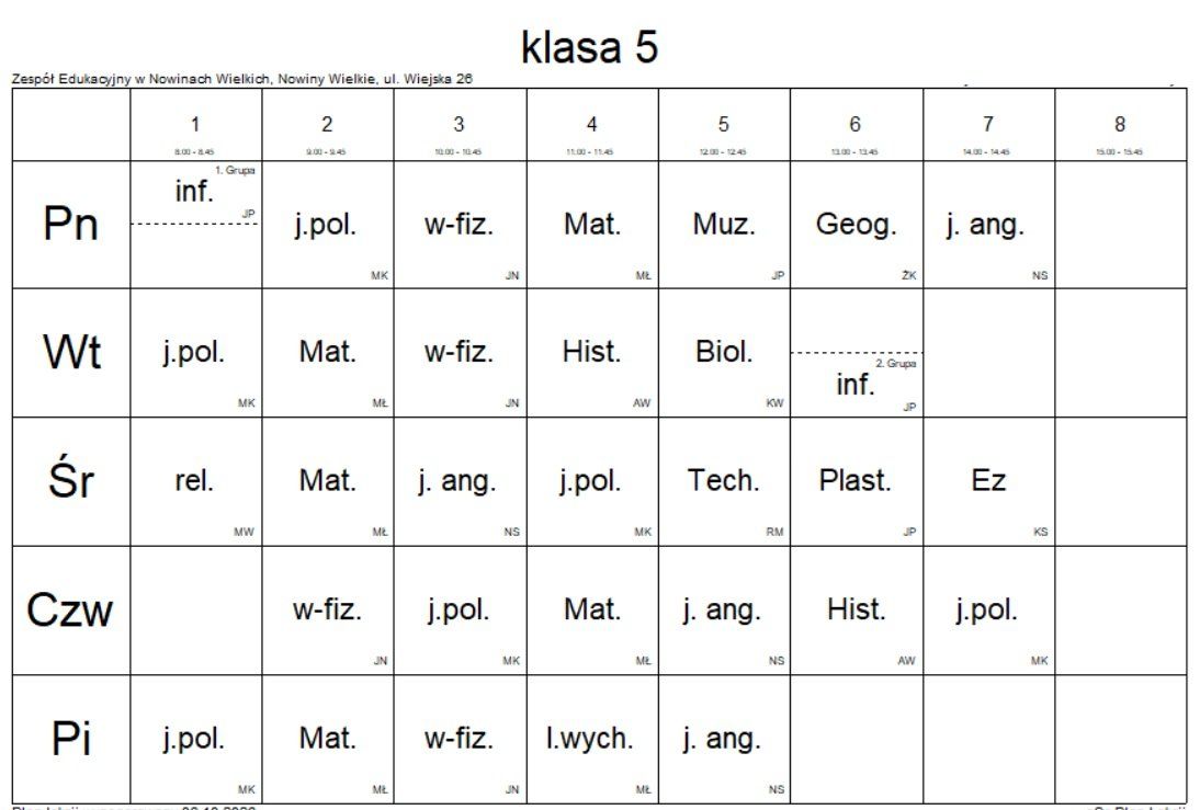 Plan lekcji: Klasa 5
