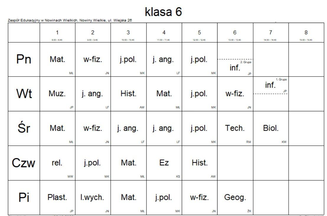Plan lekcji: Klasa 6