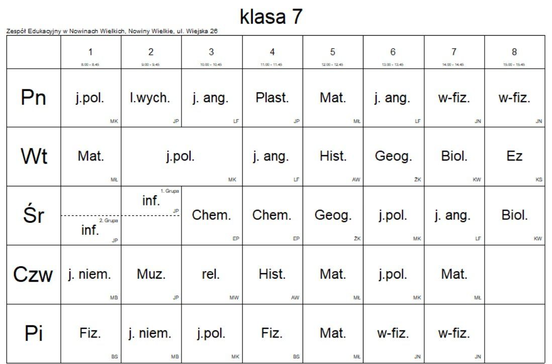 Plan lekcji: Klasa 7